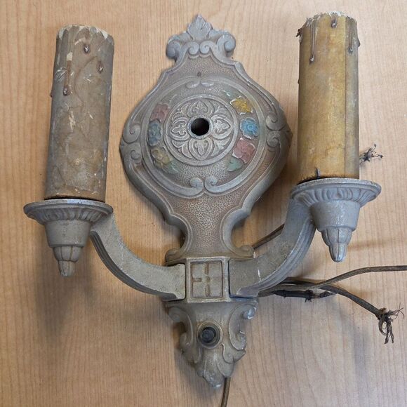 Set of 2 Art Deco Polychrome Aluminum Wall Sconces Double Candle 10" - Picture 6 of 13